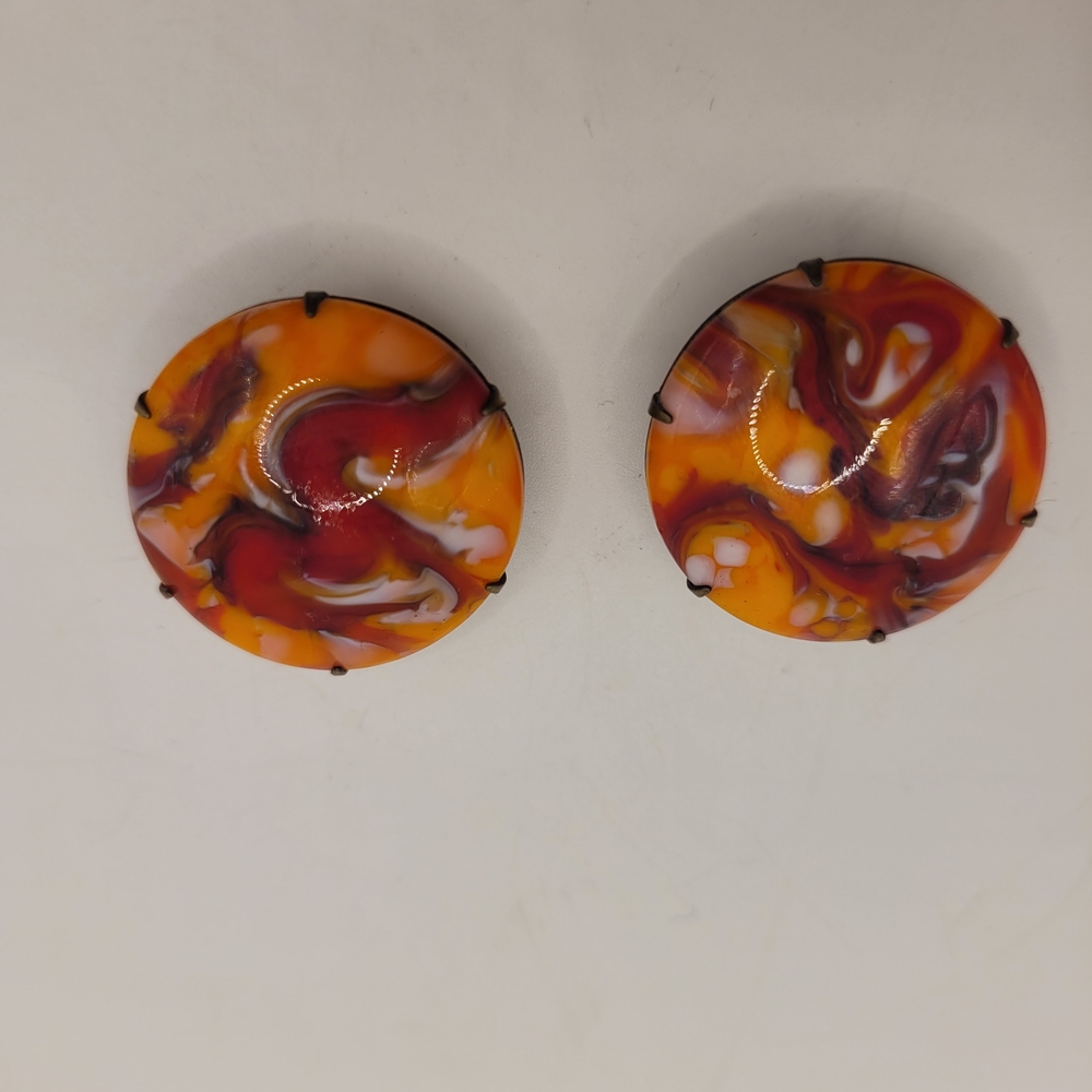 Western Germany Unique Multicolor Swirl Glass Clip Earrings